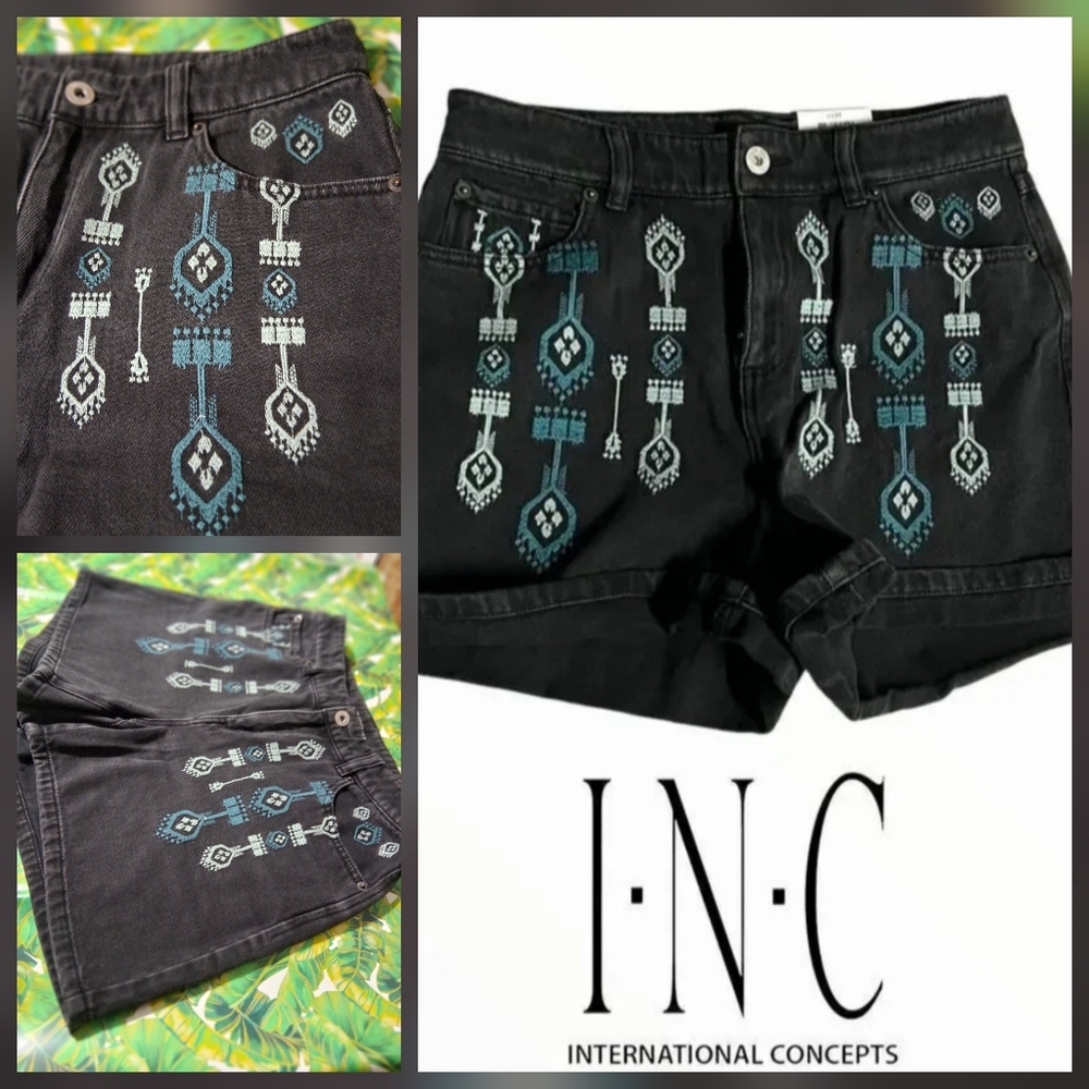 🔥INC International Concepts Black Tribal Style Embroidered Shorts Size 6/28